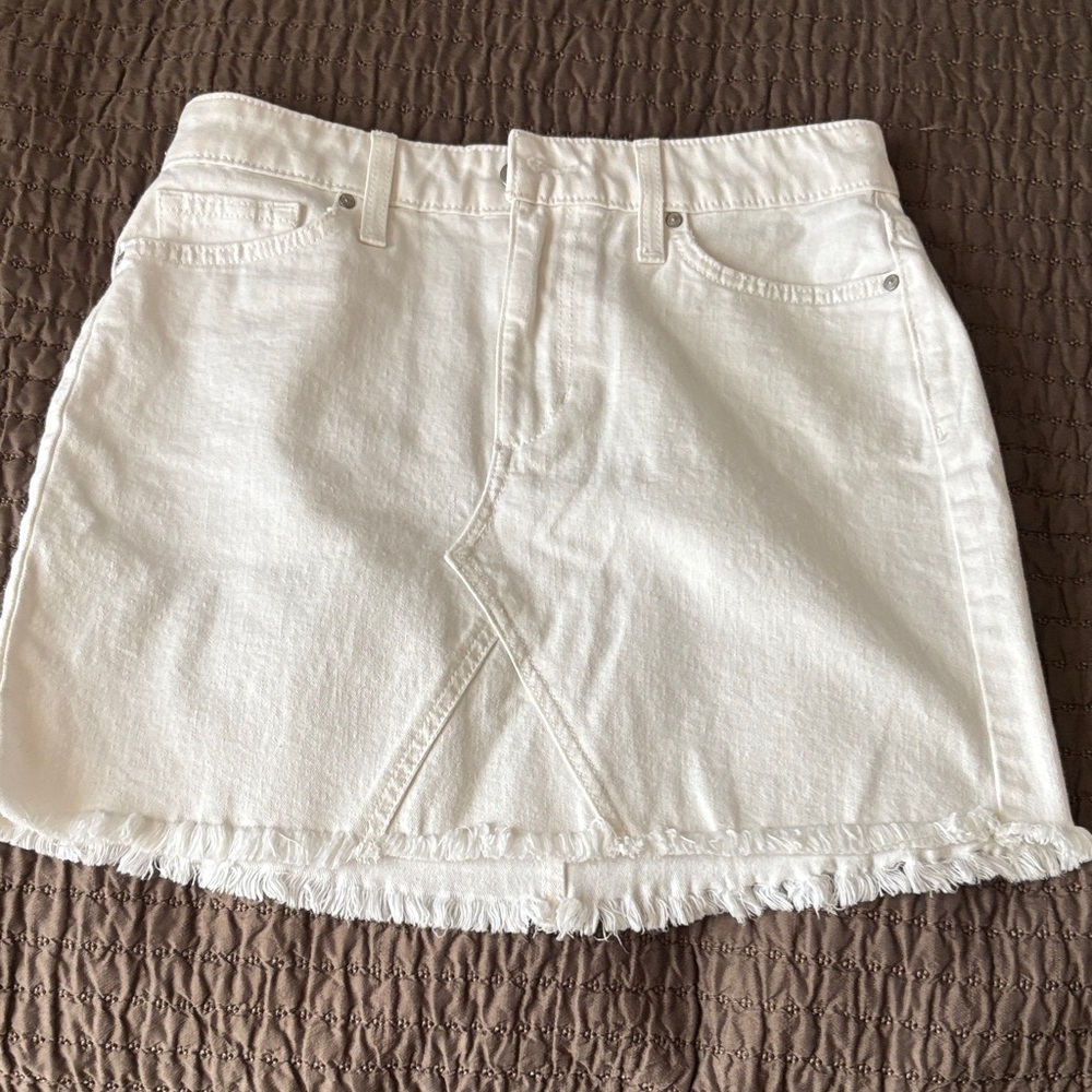 White Denim Mini Skirt with Frayed Hem and Cute Front Detail